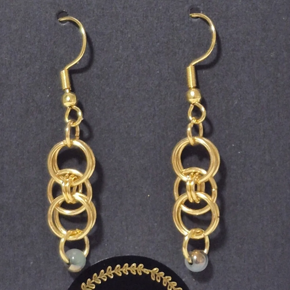 Handcrafted Gold Tone Chainmaille And Glass Bead Earrings - Picture 2 of 3